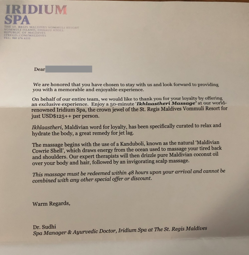 セントレジス ・モルディブ・ヴォンムリ・リゾート　ハイドロセラピープール　Hydrotherapy pool　イリディウムスパ　Iridium Spa　料金　感想　おすすめ　時間帯