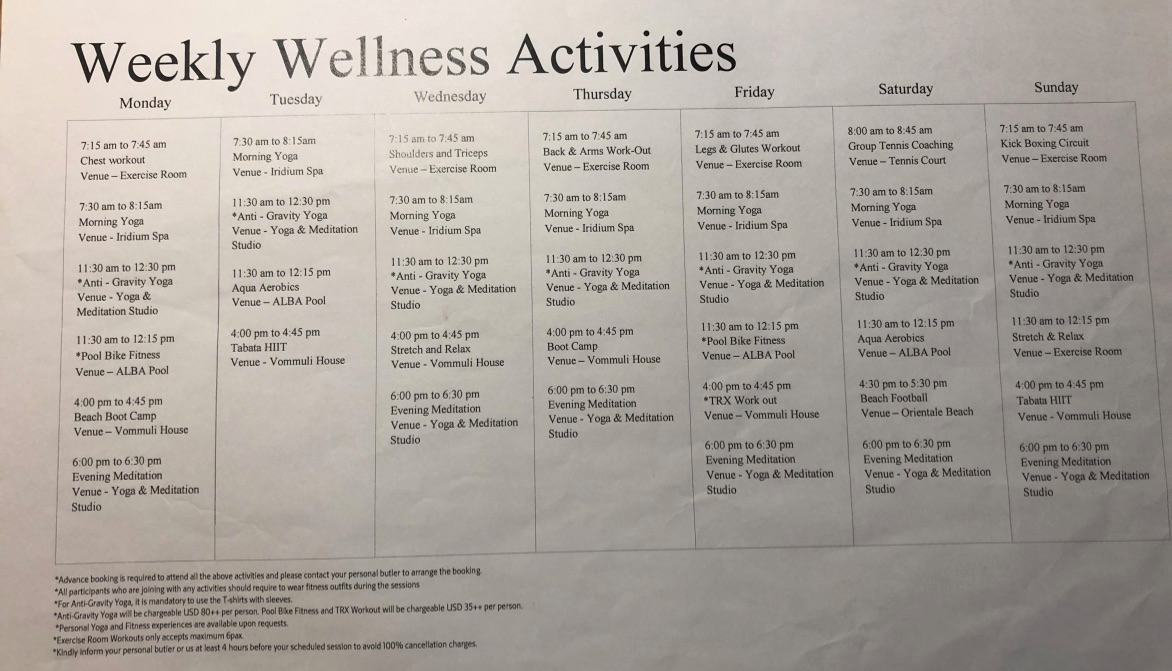【セントレジス ・モルディブ・ヴォンムリ・リゾート】施設をご紹介。島のホテルって飽きない?いやいや、ホテル内は結構遊べる! 15 セントレジス ・モルディブ・ヴォンムリ・リゾート 施設 アクティビティ 無料 チルドレンアクティビティ children activities weekly wellness activities free