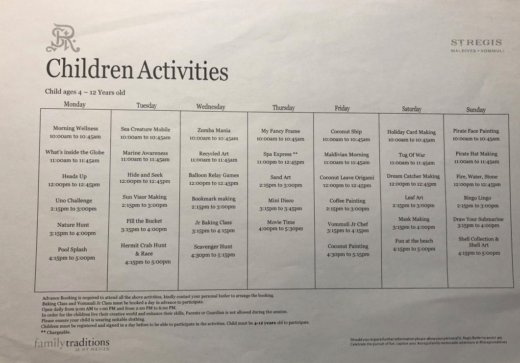 【セントレジス ・モルディブ・ヴォンムリ・リゾート】施設をご紹介。島のホテルって飽きない?いやいや、ホテル内は結構遊べる! 13 セントレジス ・モルディブ・ヴォンムリ・リゾート 施設 アクティビティ 無料 チルドレンアクティビティ children activities weekly wellness activities free