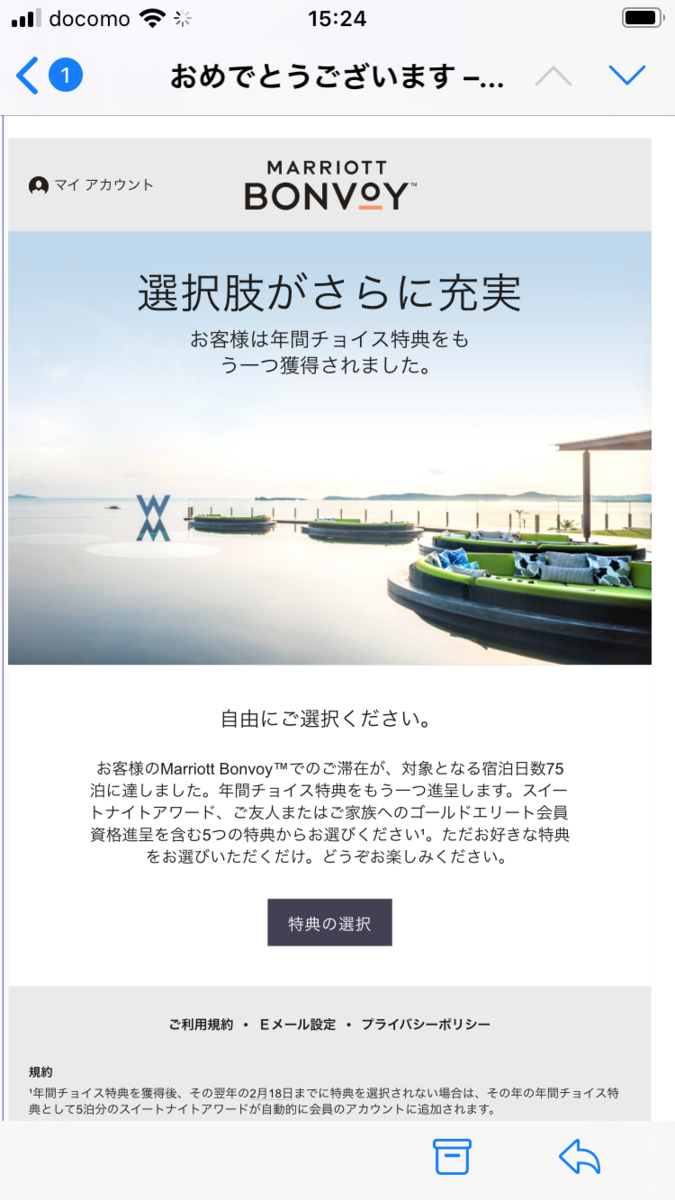 プラチナエリート、チタンエリート特典の『年間チョイス特典』セレクトメールが届いた!チタンエリートの特典はプラチナエリートと違う、特典がアップグレードしていた! 11 プラチナエリート チタンエリート 特典 年間チョイス特典 メール いつ届く 5泊分のスイートナイトアワード 無料宿泊特典 詳細