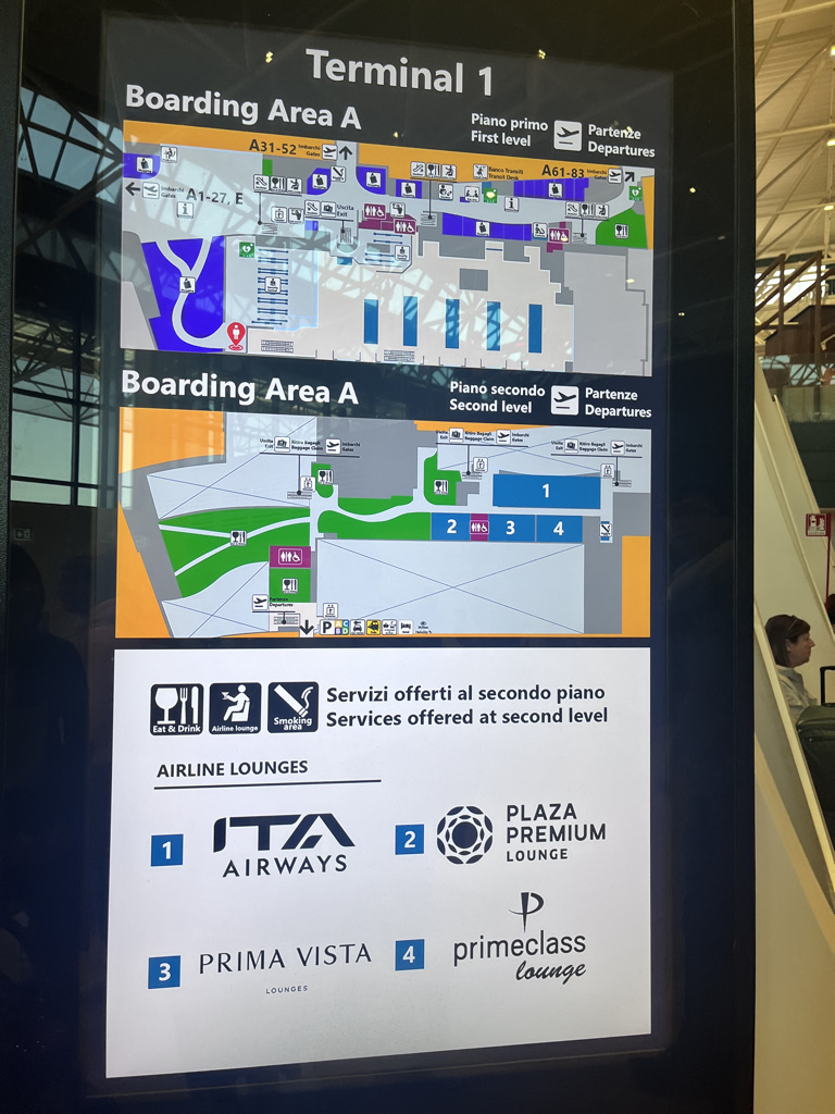 ローマ　フィウミチーノ空港　プライムクラスラウンジ　ITAエアウェイズ　AZ1462　プライオリティパス　スーツケース預かり